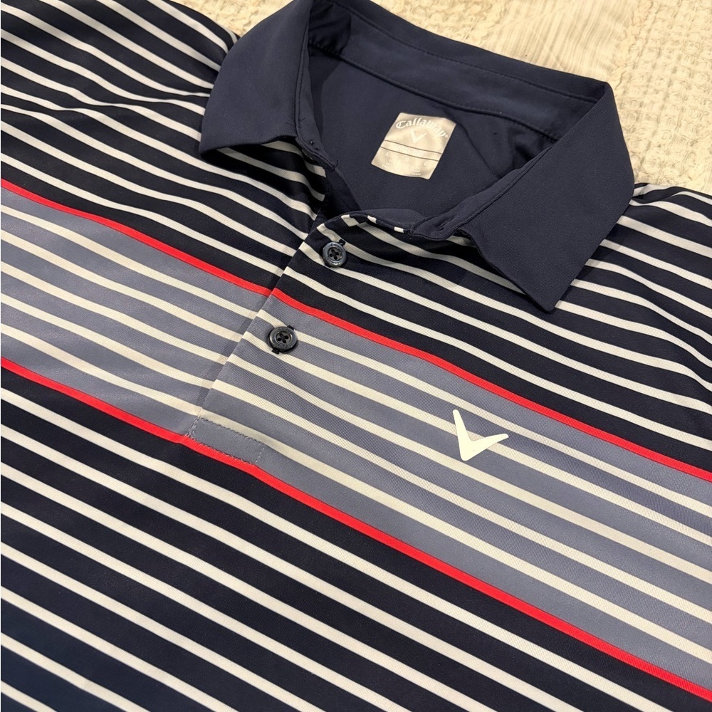Callaway Men’s Golf Polo Size L Navy White Red Stripe 100% Polyester EUC